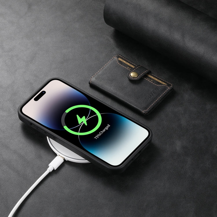 For iPhone 15 Suteni M1 Oil Wax MagSafe Detachable Horizontal Card Bag Phone Case(Black)