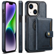 For iPhone 14 Plus Suteni M1 Oil Wax MagSafe Detachable Horizontal Card Bag Phone Case(Blue)