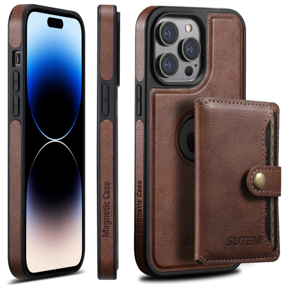 For iPhone 14 Pro Suteni M1 Oil Wax MagSafe Detachable Horizontal Card Bag Phone Case(Brown)