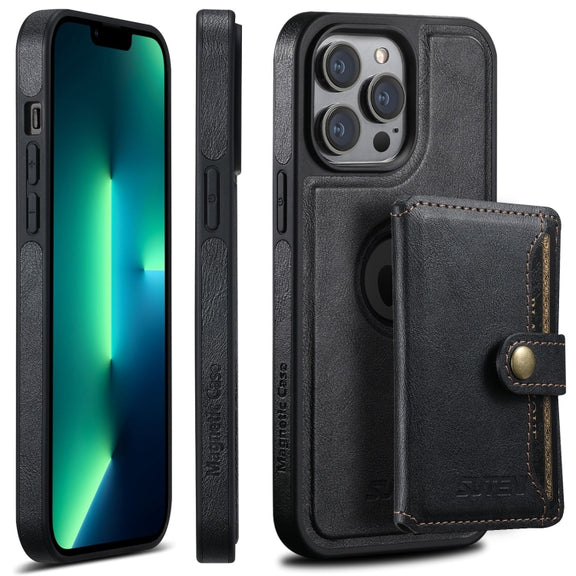 For iPhone 13 Pro Max Suteni M1 Oil Wax MagSafe Detachable Horizontal Card Bag Phone Case(Black)
