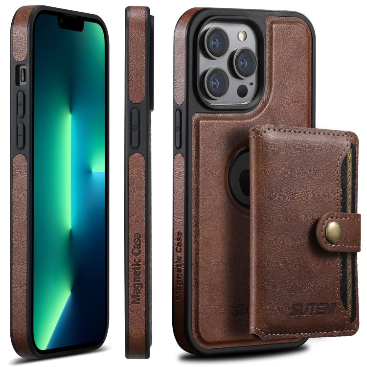For iPhone 13 Pro Max Suteni M1 Oil Wax MagSafe Detachable Horizontal Card Bag Phone Case(Brown) - free shipping - PMC Jewellery - Order now!