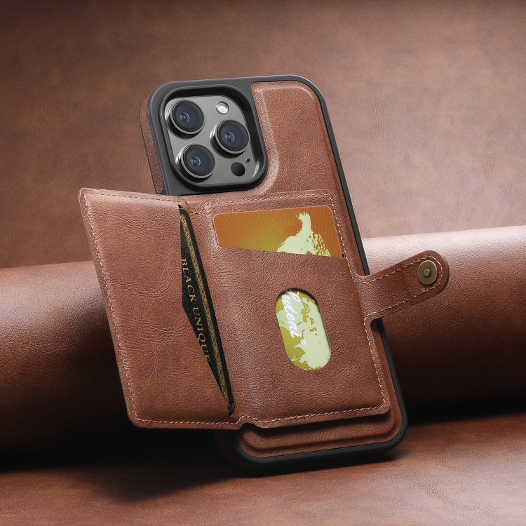 For iPhone 13 Pro Max Suteni M1 Oil Wax MagSafe Detachable Horizontal Card Bag Phone Case(Brown)