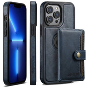 For iPhone 13 Pro Suteni M1 Oil Wax MagSafe Detachable Horizontal Card Bag Phone Case(Blue)