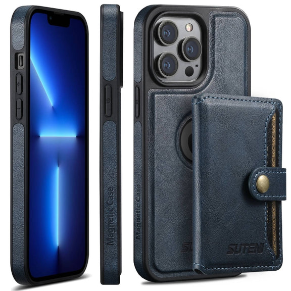 For iPhone 13 Pro Suteni M1 Oil Wax MagSafe Detachable Horizontal Card Bag Phone Case(Blue)