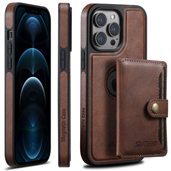 For iPhone 12 Pro Max Suteni M1 Oil Wax MagSafe Detachable Horizontal Card Bag Phone Case(Brown)