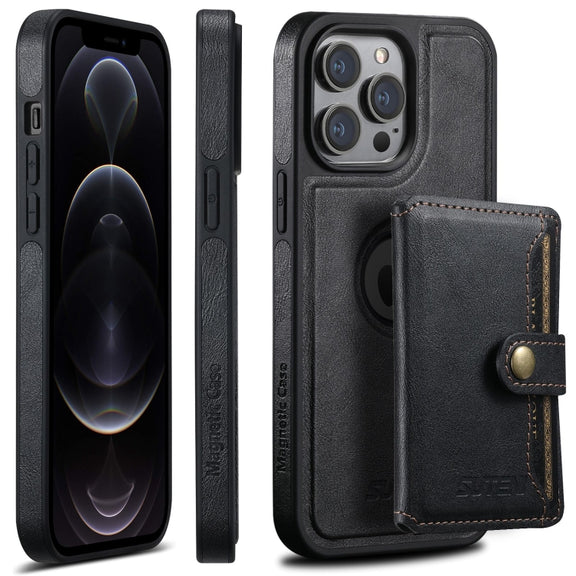 For iPhone 12 Pro Suteni M1 Oil Wax MagSafe Detachable Horizontal Card Bag Phone Case(Black)