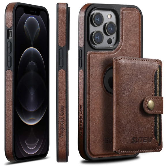 For iPhone 12 Pro Suteni M1 Oil Wax MagSafe Detachable Horizontal Card Bag Phone Case(Brown)