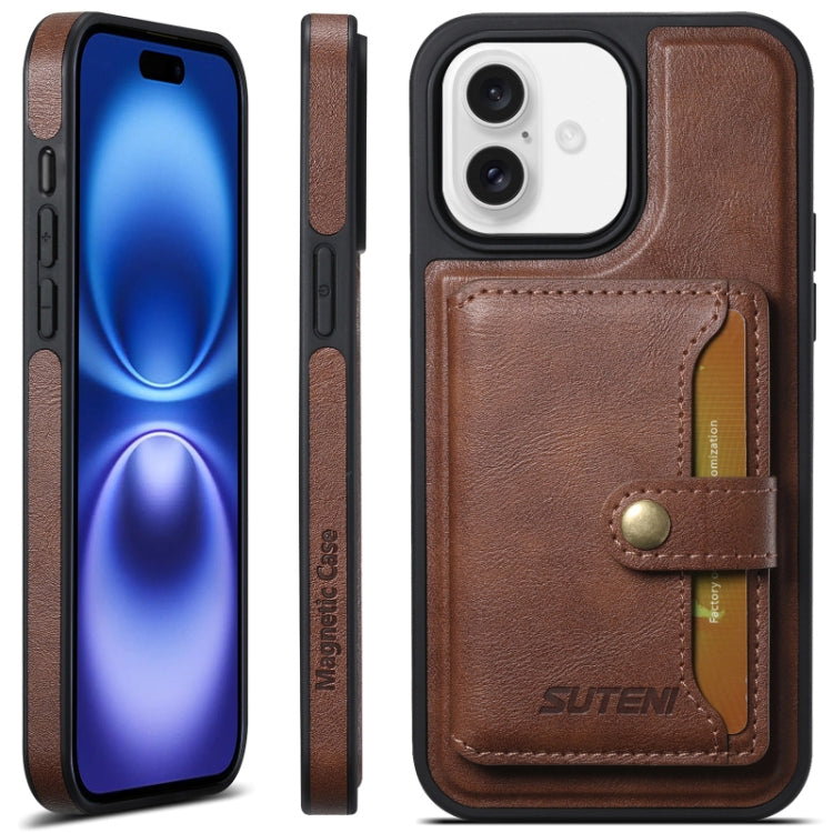For iPhone 16 Suteni M1 Oil Wax MagSafe Detachable Horizontal Card Bag Phone Case(Brown) - free shipping - PMC Jewellery - Order now!