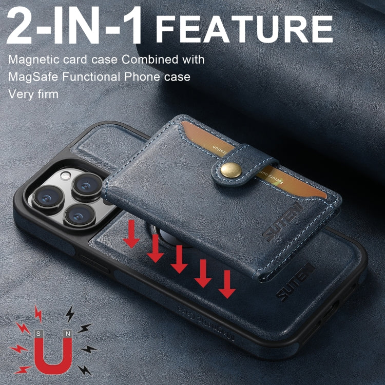 For iPhone 16 Suteni M1 Oil Wax MagSafe Detachable Horizontal Card Bag Phone Case(Blue)