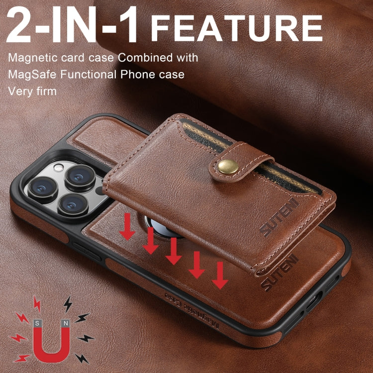 For iPhone 16 Pro Suteni M1 Oil Wax MagSafe Detachable Horizontal Card Bag Phone Case(Brown)
