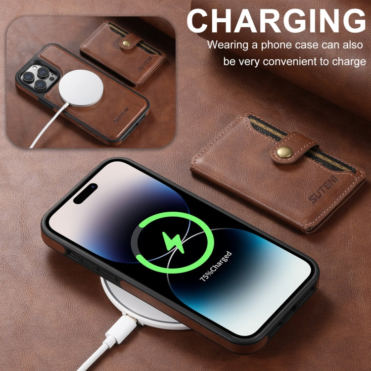 For iPhone 16 Plus Suteni M1 Oil Wax MagSafe Detachable Horizontal Card Bag Phone Case(Brown)