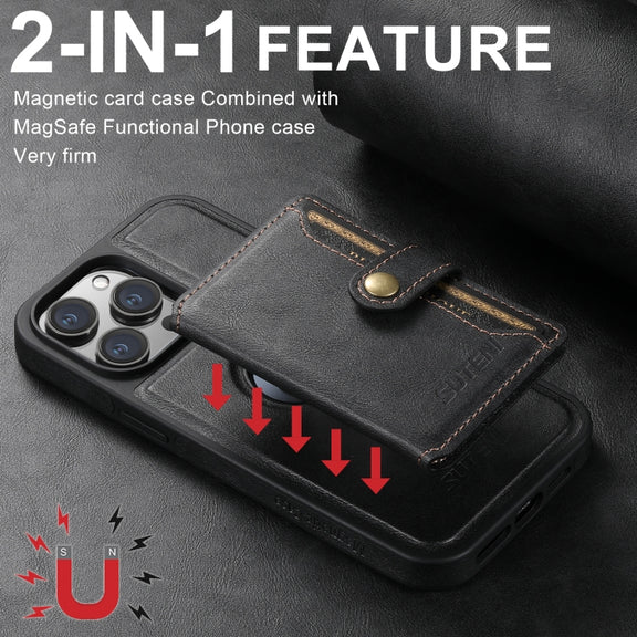 For iPhone 16 Pro Max Suteni M1 Oil Wax MagSafe Detachable Horizontal Card Bag Phone Case(Black)