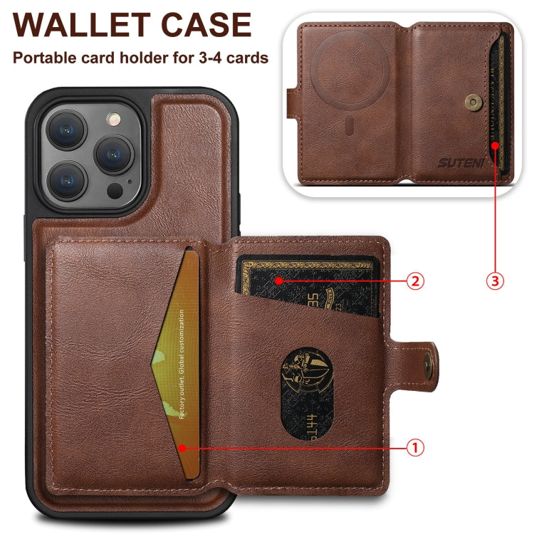 For iPhone 15 Suteni M1 Oil Wax MagSafe Detachable Horizontal Card Bag Phone Case(Black)