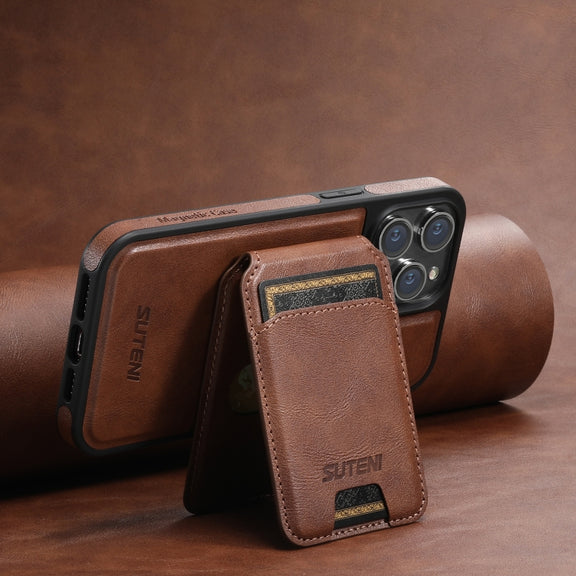 For iPhone 15 Pro Max Suteni M2 Oil Wax MagSafe Horizontal Card Bag Phone Case(Brown)