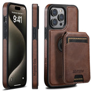 For iPhone 15 Pro Suteni M2 Oil Wax MagSafe Horizontal Card Bag Phone Case(Brown)
