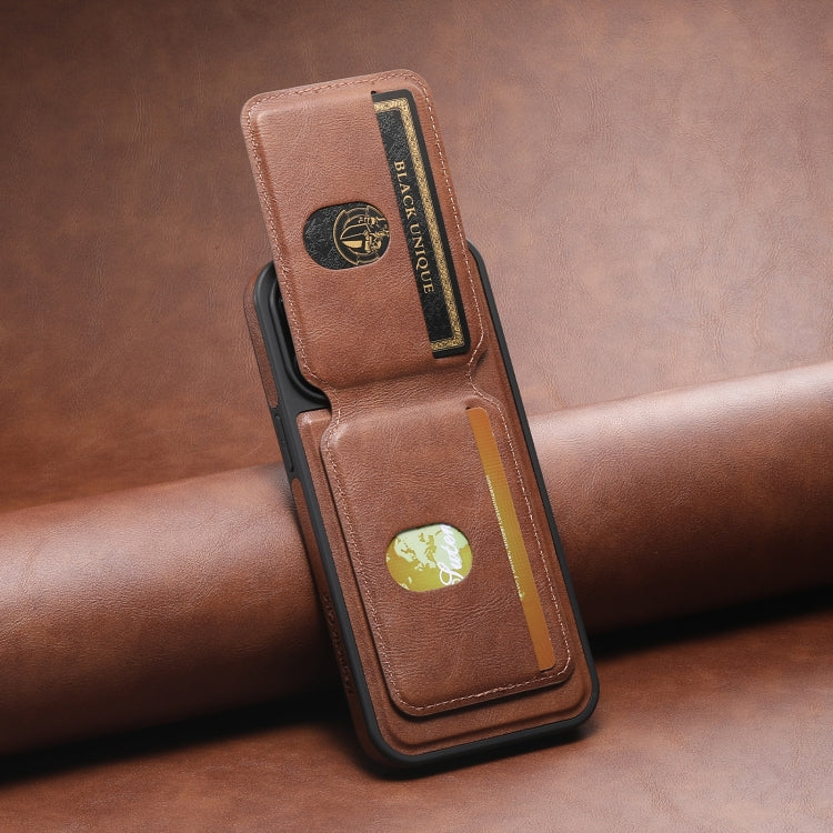 For iPhone 15 Plus Suteni M2 Oil Wax MagSafe Horizontal Card Bag Phone Case(Brown)