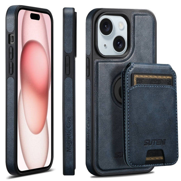 For iPhone 15 Plus Suteni M2 Oil Wax MagSafe Horizontal Card Bag Phone Case(Blue)