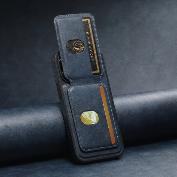 For iPhone 14 Plus Suteni M2 Oil Wax MagSafe Horizontal Card Bag Phone Case(Blue)