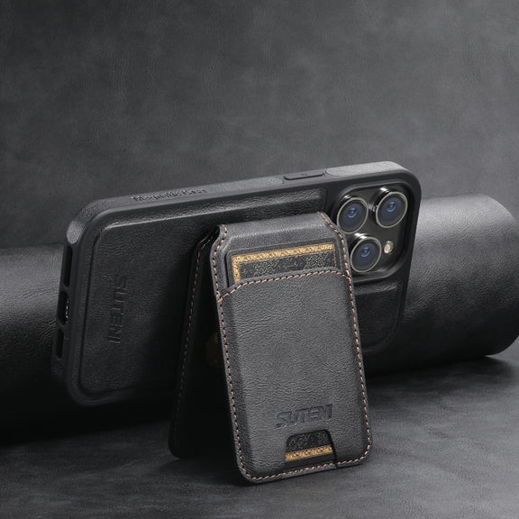 For iPhone 13 Suteni M2 Oil Wax MagSafe Horizontal Card Bag Phone Case(Black)