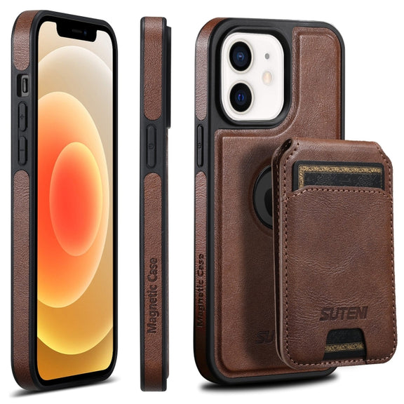 For iPhone 12  Suteni M2 Oil Wax MagSafe Horizontal Card Bag Phone Case(Brown)