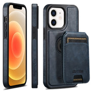 For iPhone 12  Suteni M2 Oil Wax MagSafe Horizontal Card Bag Phone Case(Blue)