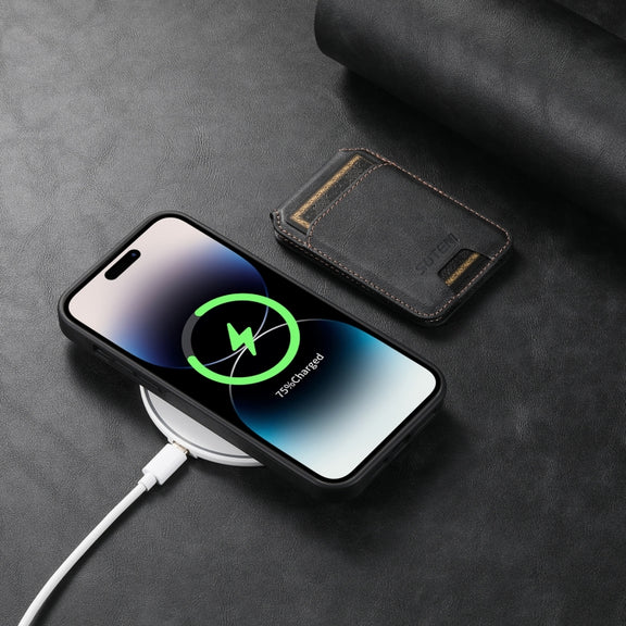 For iPhone 12 Pro Max Suteni M2 Oil Wax MagSafe Horizontal Card Bag Phone Case(Black)