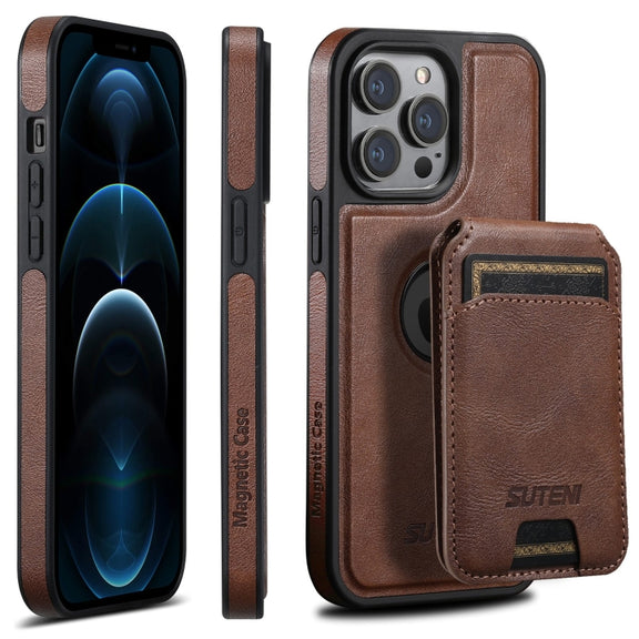For iPhone 12 Pro Max Suteni M2 Oil Wax MagSafe Horizontal Card Bag Phone Case(Brown)