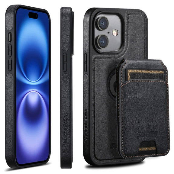For iPhone 16 Plus Suteni M2 Oil Wax MagSafe Horizontal Card Bag Phone Case(Black)