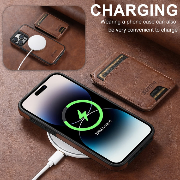 For iPhone 16 Plus Suteni M2 Oil Wax MagSafe Horizontal Card Bag Phone Case(Brown)