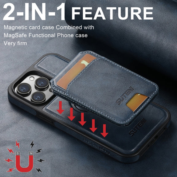 For iPhone 16 Plus Suteni M2 Oil Wax MagSafe Horizontal Card Bag Phone Case(Blue)