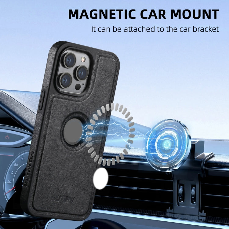 For iPhone 16 Pro Max Suteni M2 Oil Wax MagSafe Horizontal Card Bag Phone Case(Black)