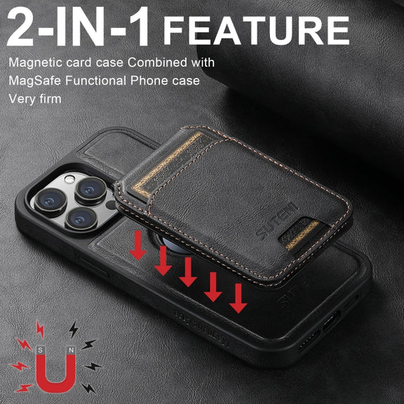 For iPhone 16 Pro Max Suteni M2 Oil Wax MagSafe Horizontal Card Bag Phone Case(Black)