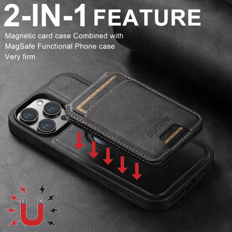 For iPhone 16 Pro Max Suteni M2 Oil Wax MagSafe Horizontal Card Bag Phone Case(Black)