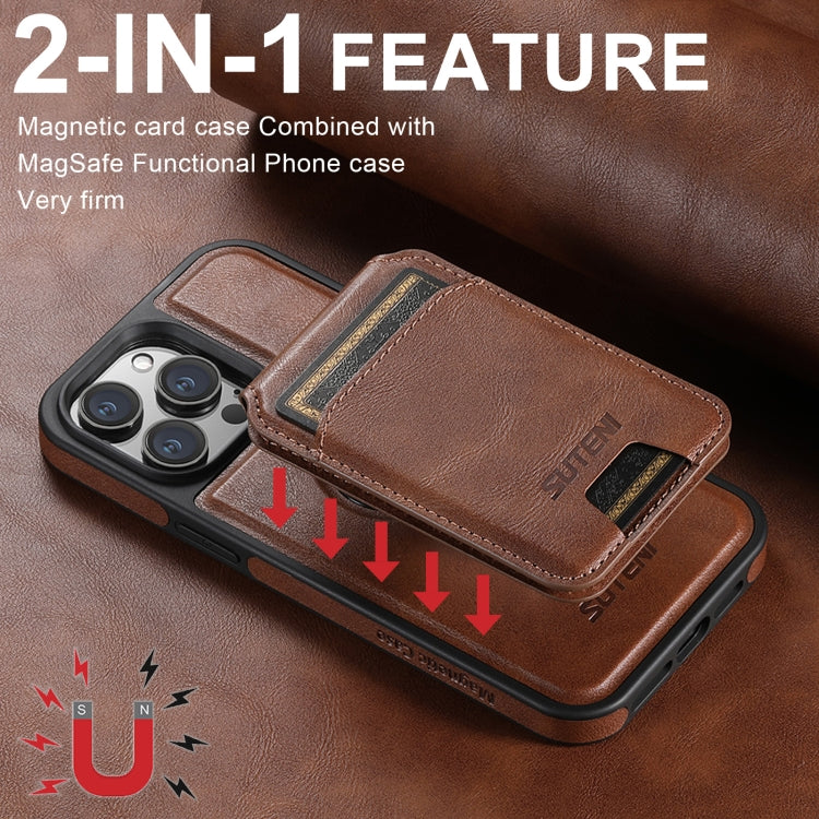 For iPhone 16 Pro Max Suteni M2 Oil Wax MagSafe Horizontal Card Bag Phone Case(Brown)