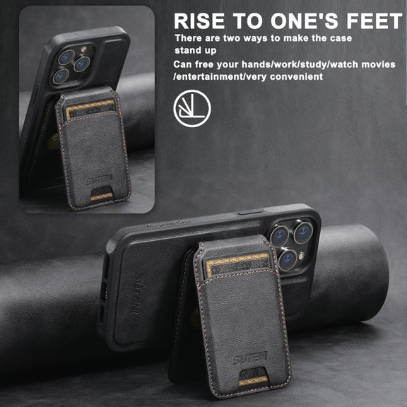 For iPhone 16 Pro Max Suteni M2 Oil Wax MagSafe Horizontal Card Bag Phone Case(Black)