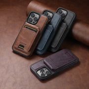 For iPhone 14 Plus Suteni M2 Oil Wax MagSafe Horizontal Card Bag Phone Case(Blue)