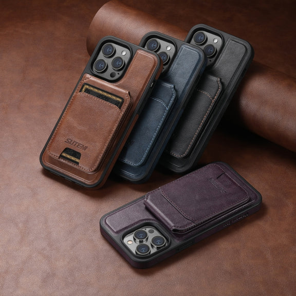 For iPhone 16 Pro Max Suteni M2 Oil Wax MagSafe Horizontal Card Bag Phone Case(Black)