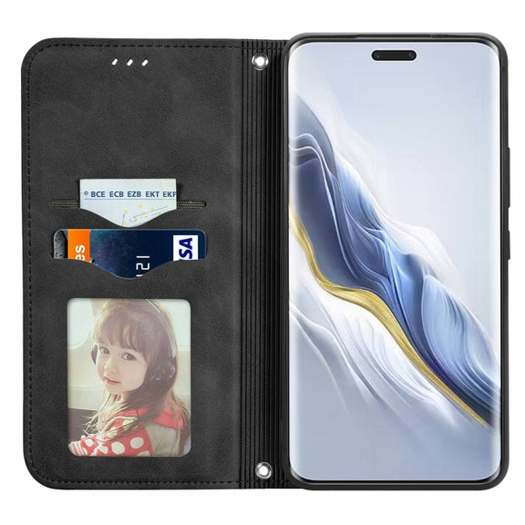 For Honor Magic6 Pro Retro Skin Feel Magnetic Flip Leather Phone Case(Black)