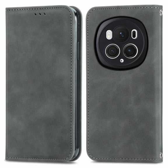 For Honor Magic6 Pro Retro Skin Feel Magnetic Flip Leather Phone Case(Grey)
