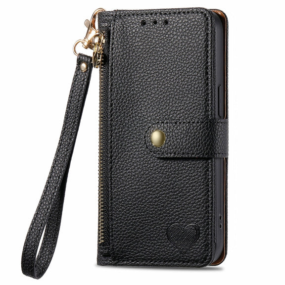 For Motorola Moto G Play 2024 Love Zipper Lanyard Leather Phone Case(Black)