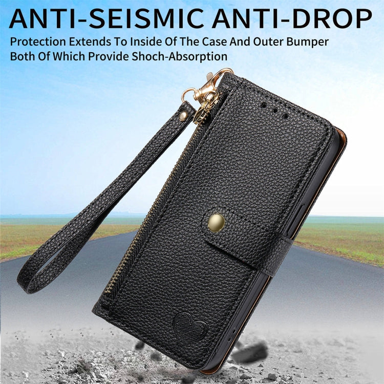 For Motorola Moto G Play 2024 Love Zipper Lanyard Leather Phone Case(Black)