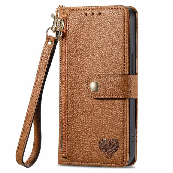 For Motorola Moto G Play 2024 Love Zipper Lanyard Leather Phone Case(Brown)