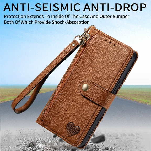 For Motorola Moto G Play 2024 Love Zipper Lanyard Leather Phone Case(Brown)