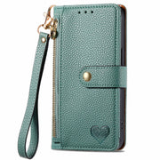 For Motorola Moto G Play 2024 Love Zipper Lanyard Leather Phone Case(Green)