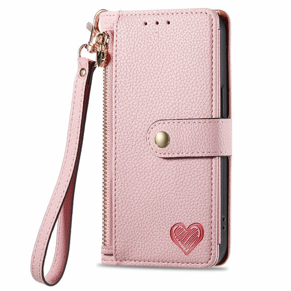 For Motorola Moto G Play 2024 Love Zipper Lanyard Leather Phone Case(Pink)