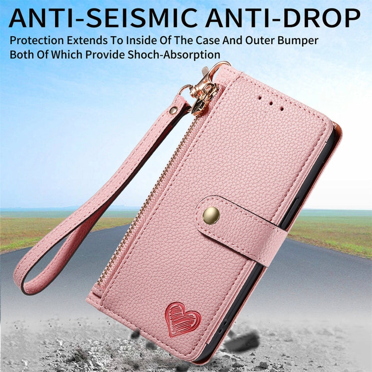 For Motorola Moto G Play 2024 Love Zipper Lanyard Leather Phone Case(Pink)