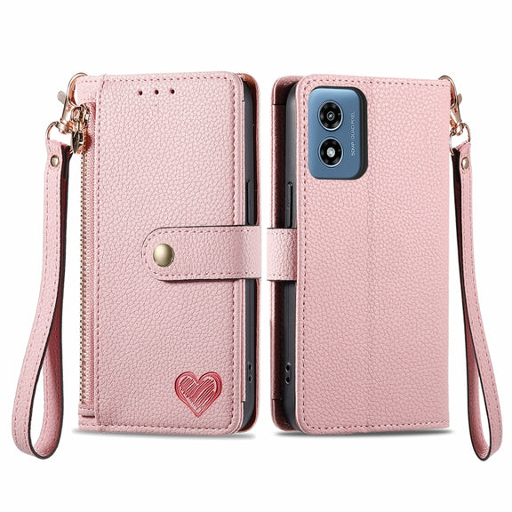 For Motorola Moto G Play 2024 Love Zipper Lanyard Leather Phone Case(Pink)