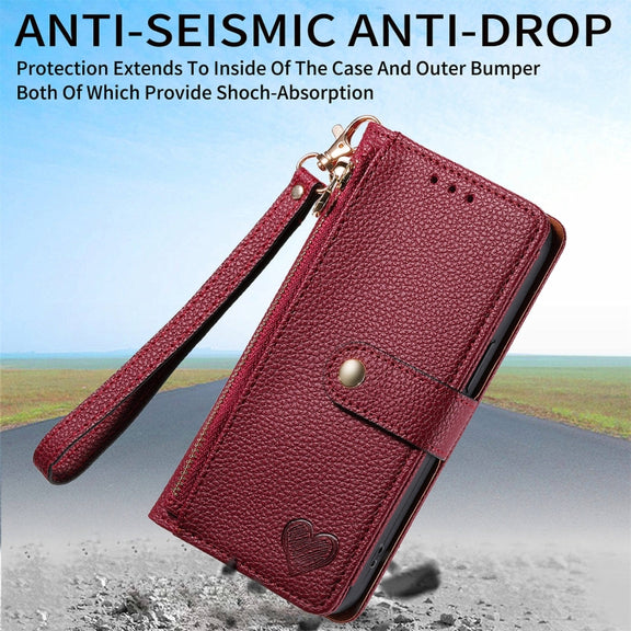 For Motorola Moto G Play 2024 Love Zipper Lanyard Leather Phone Case(Red)