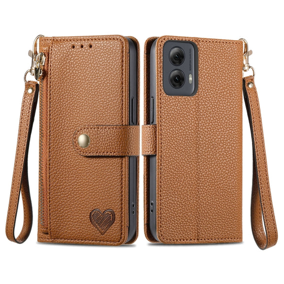 For Motorola Moto G Power 5G 2024 Love Zipper Lanyard Leather Phone Case(Brown)