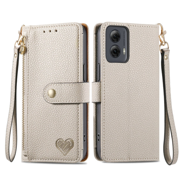 For Motorola Moto G Power 5G 2024 Love Zipper Lanyard Leather Phone Case(Gray)